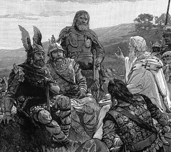 Romantyczne wyobrażenie gockich wojowników. XIX-wieczna ilustracja.