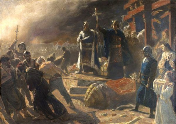 Zniszczenie Arkony - duński biskup Absalom niszczy posąg Świętowita (XIX-wieczny obraz Lauritsa Tuxena, źródło: domena publiczna).