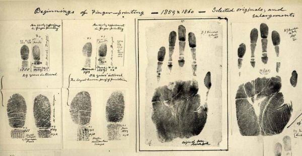Te odciski palców, zebrane 150 lat temu, wciąż można oglądać. Ale ślady dotyczące sprawy Jaroszewiczów wyparowały... (źródło: domena publiczna).