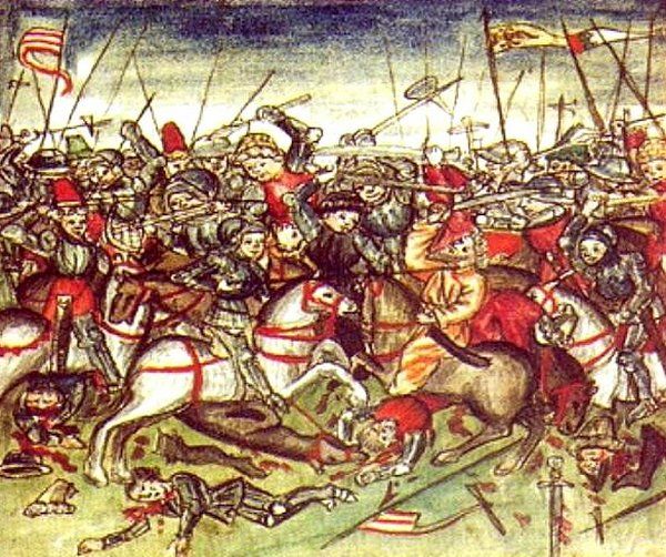 Otto I mógł ruszyć na Stojgniewa, gdyż dopiero co rozgromił Madziarów nad rzeką Lech (bitwa na Lechowym Polu na ilustracji Hektora Mülicha z 1457 roku, źródło: domena publiczna).