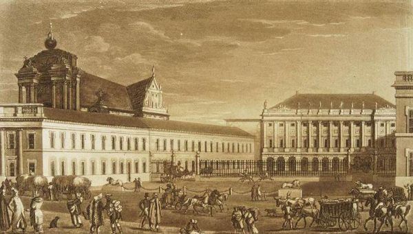 Z obecnego Pałacu Prezydenckiego Marcin Lubomirski zrobił jaskinię hazardu i centrum imprezowe. Pocztówka z 1820 roku, kiedy budynek nosił nazwę Pałacu Namiestnikowskiego (rycina Fryderyka Dietricha, domena publiczna).