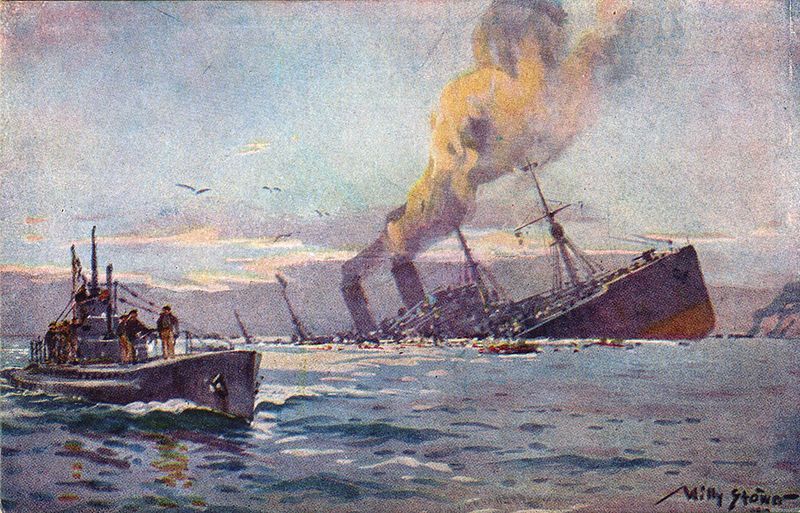 Kolejna ofiara U-boota idzie na dno. No i jak tu walczyć z takim przeciwnikiem? Na ilustracji obraz Willy'ego Stöwera (źródło: domena publiczna).