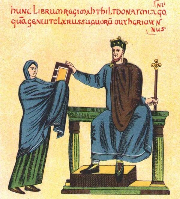 Odrys zaginionej miniatury z tak zwanego Kodeksu Matyldy. Na ilustracji: księżna szwabska i król Mieszko II.