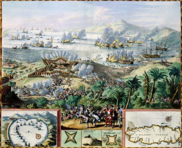 Władca małej Kurlandii Jakub Kettler miał wielkie aspiracje. Na krótko udało mu się skolonizować nawet odległe Tobago. Na ilustracji bitwa o Tobago stoczona przez Holendrów i Francuzów w 1677 roku (źródło: domena publiczna).