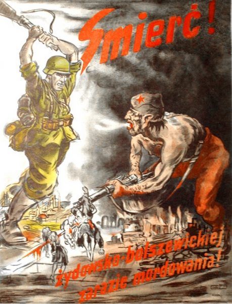 Nazistom zależało, by w polskiej świadomości utrwalił się obraz Żyda-bolszewika. Niemiecki plakat propagandowy z czasów II wojny światowej (źródło: domena publiczna). Nazistom zależało, by w polskiej świadomości utrwalił się obraz Żyda-bolszewika. Niemiecki plakat propagandowy z czasów II wojny światowej (źródło: domena publiczna).