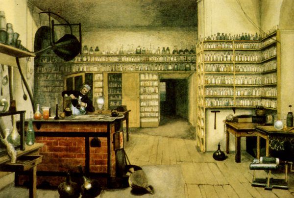 Michael Faraday w swoim laboratorium. Obraz Harriet Moore.