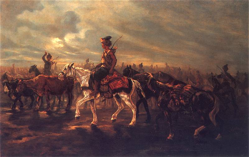 Również Tatarzy mieli sprawdzone sposoby na walkę z husarią. Na ilustracji obraz Józefa Brandta przedstawiający tatarski pochód (źródło: domena publiczna).