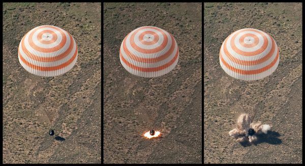 Kapsuła Sojuza z trzema astronautami na pokładzie w czasie lądowania w 2010 roku (fot. Bill Ingalls, NASA, domena publiczna)