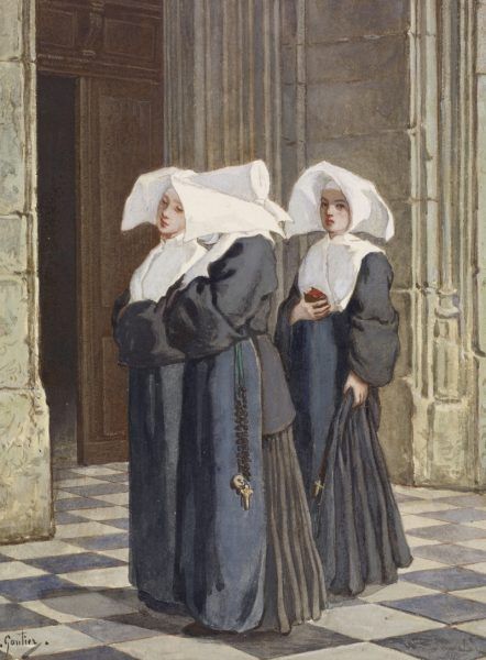 Jeśli wierzyć kronikarzom, lesbijskie ekscesy nie ominęły też XVI-wiecznych klasztorów. Na obrazie zakonnice w portalu kościoła pędzla Armanda Gautiera (źródło: domena publiczna).