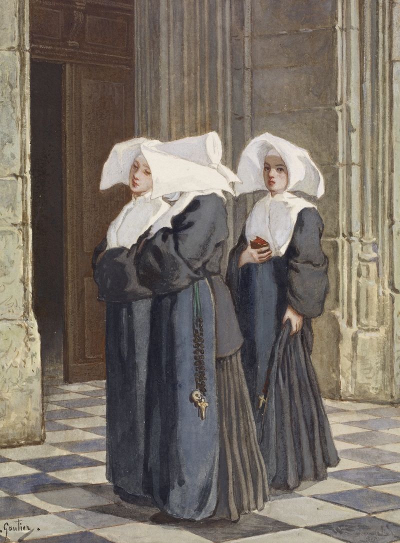 Lesbijskie ekscesy nie ominęły też klasztorów. Na obrazie zakonnice w portalu kościoła pędzla Armanda Gautiera (źródło: domena publiczna).