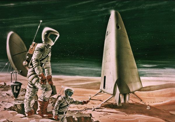 Artystyczna wizja lądownika marsjańskiego powstała ok. 1964 roku (rys. Aeronutronic Division of Philco Corp na zlecenie NASA, domena publiczna).