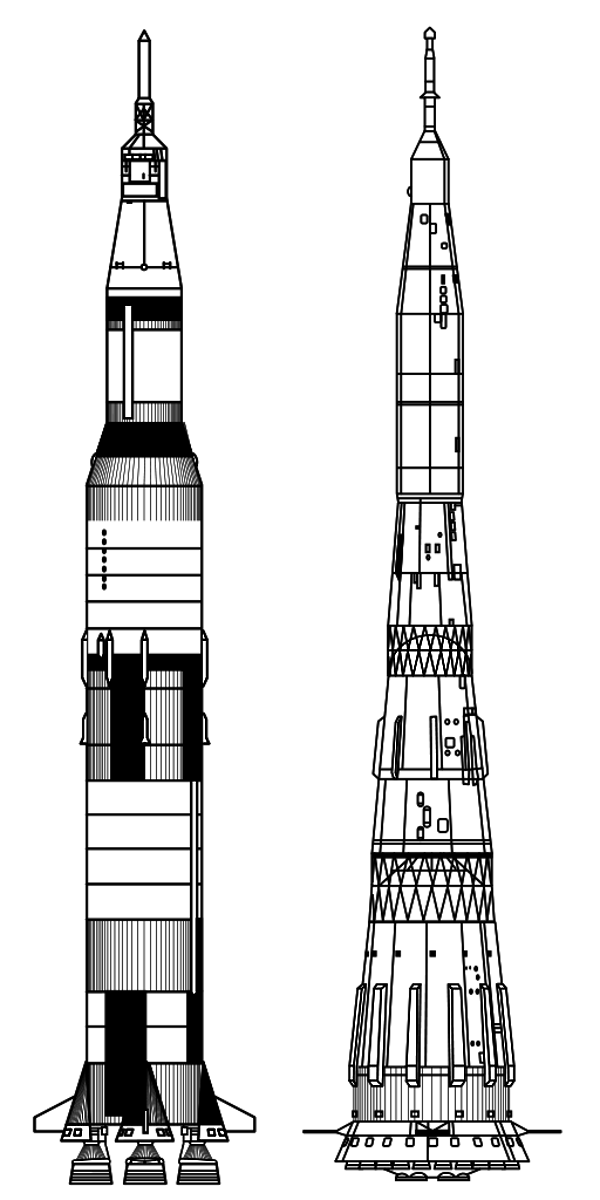 Porównanie rakiet Saturn V (po prawej) i N1 (rys. NASA, domena publiczna).