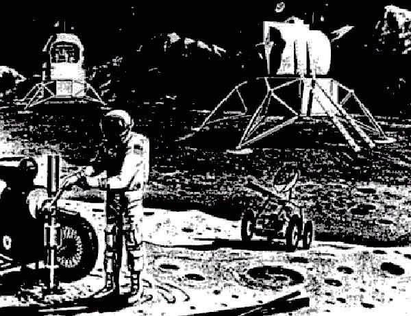 Elementy bazy księżycowej, która miała powstać w ramach Apollo Applications Program (rys. NASA, domena publiczna).