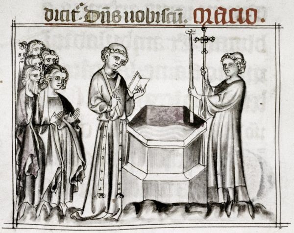 Święcenie wody chrzcielnej. "Mszał franciszkański", XIV wiek.
