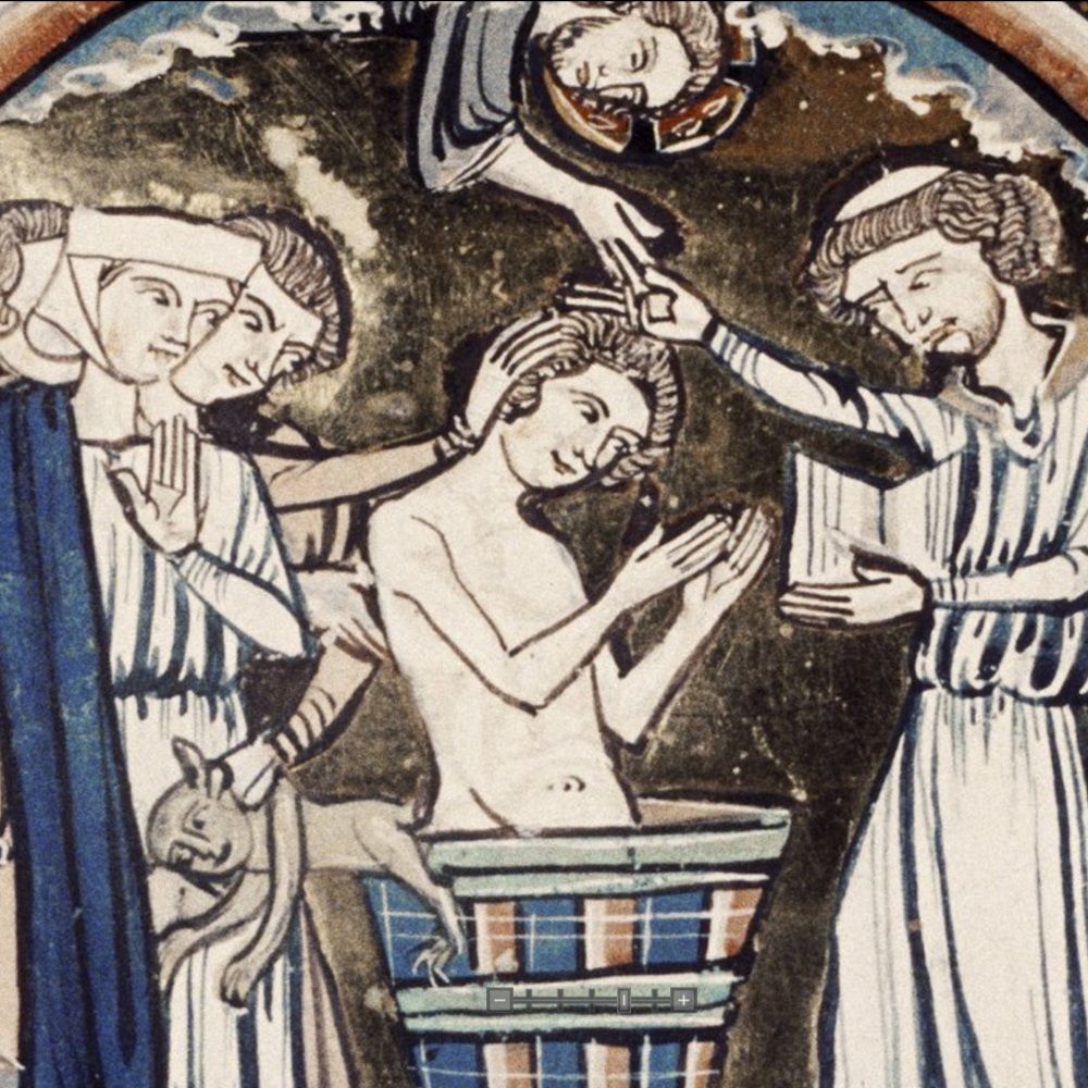 Scena chrztu w XIII-wiecznym manuskrypcie "Bible moralisée".