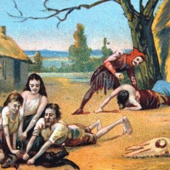 XIX-wieczny rysunek przedstawiający skutki głodu w średniowiecznej Europie (źródło: domena publiczna).