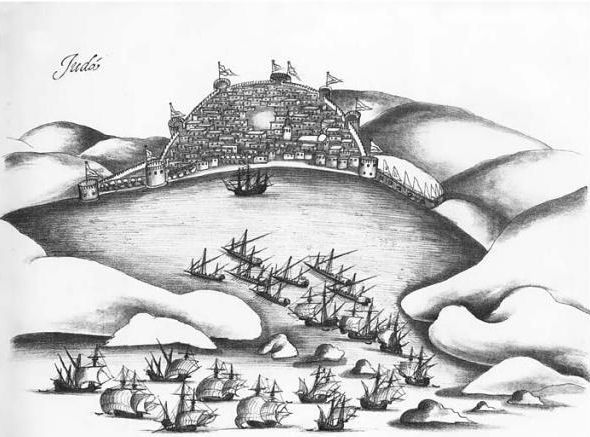 Portugalska flota próbuje zająć Dżeddę, rok 1517 (źródło: domena publiczna).