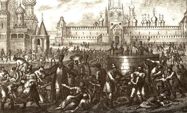W latach 1601-1603 w samej tylko Moskwie z powodu głodu zmarło 100 tysięcy ludzi. Powyżej XIX-wieczna ilustracja przedstawiająca dantejskie sceny rozgrywające się w stolicy Rosji.