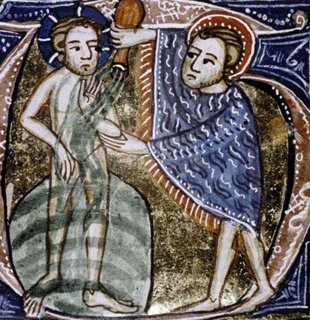 Chrzest w Jordanie na miniaturze z kodeksu Williama z Nottingham, XIV wiek.