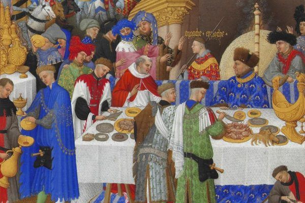 Średniowieczne francuskie uczty wprawdzie były wystawne, za to do wykwintności wiele im brakowało (fragment karty poświęconej styczniowi z "Bardzo bogatych godzinek księcia de Berry", źródło: domena publiczna).