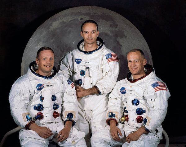 Załoga Apollo 11. Od lewej Neil Armstrong, Michael Collins i Buzz Aldrin. Bez Wernera Ryszarda Kirchnera nie udałaby się ich misja (źródło: domena publiczna).