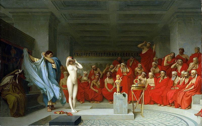 Agnodike zdecydowała, że zamiast plątać się w zeznaniach. lepiej… zrzucić ubranie. Obraz Jeana-Léona Gérôme’a „Fryne przed Areopagiem” z 1861 roku (źródło: domena publiczna).