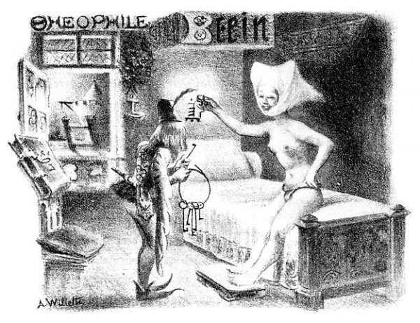 Pseudośredniowieczna karykatura Adolfa Willette z przełomu XIX i XX wieku przedstawiająca kobietę w pasie cnoty i mężczyznę z pękiem kluczy (źródło: domena publiczna).