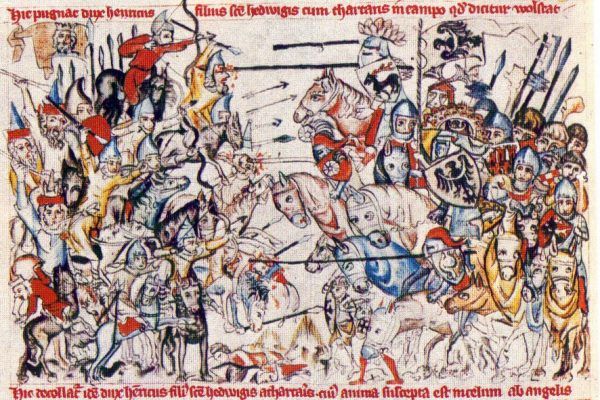 Bitwa pod Legnicą uwieczniona na kartach spisanej w 1353 roku "Legendy o świętej Jadwidze" (źródło: domena publiczna).