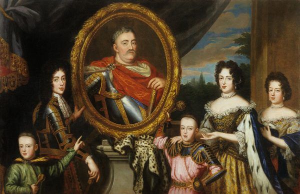 Liczne potomstwo, takie jak u króla Sobieskiego, uważane było za wyraz boskiej łaski, ale jednocześnie groziło degradacją rodu przez podział majątku. Portret rodzinny Jana III wykonany prawdopodobnie przez Henri Gascarda ok. 1691 roku (źródło: domena publiczna).