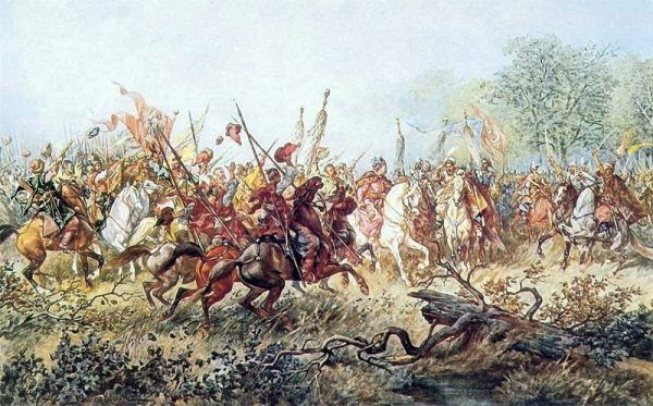 W bitwie pod Korsuniem 26 maja 1648 roku wojska koronne poniosły druzgocącą klęskę. Choć przeciwnik miał zdecydowaną przewagę liczebną, wszyscy i tak byli przekonani, że główną przyczyną przegranej było pijaństwo hetmana Potockiego. Na ilustracji obraz przedstawiający spotkanie Chmielnickiego z Tuhaj Bejem pod Korsuniem pędzla Juliusza Kossaka (źródło: domena publiczna).
