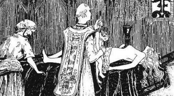 Tak pod koniec XIX wieku wyobrażano sobie czarną mszę przeprowadzaną przez La Voisine i księdza Étienne'a Guibourga na nagim ciele Madame de Montespan. Ilustracja Henry'ego de Malvosta z książki "Le Satanisme et la Magie" (źródło: domena publiczna).