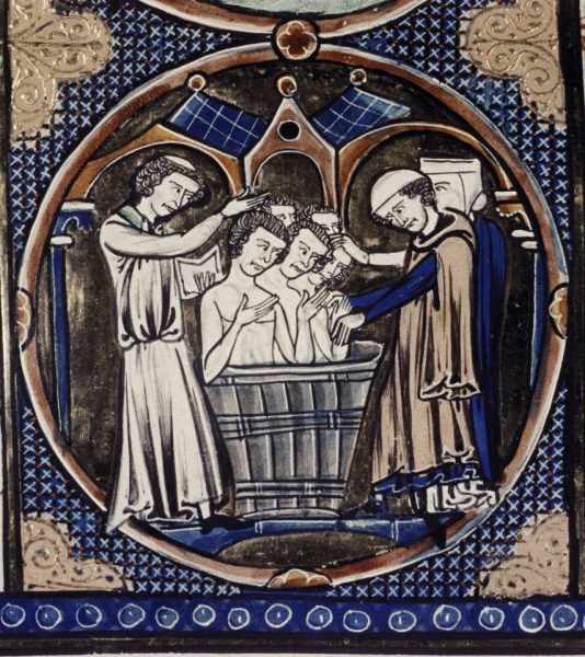 Chrzest całej Polski? Co najwyżej kilku osób! Dziś możemy stwierdzić, że w 966 roku ochrzcił się Mieszko I i (być może) jego najbliższe otoczenie. Na ilustracji fragment miniatury z manuskryptu "Bible moralisee" (źródło: domena publiczna).