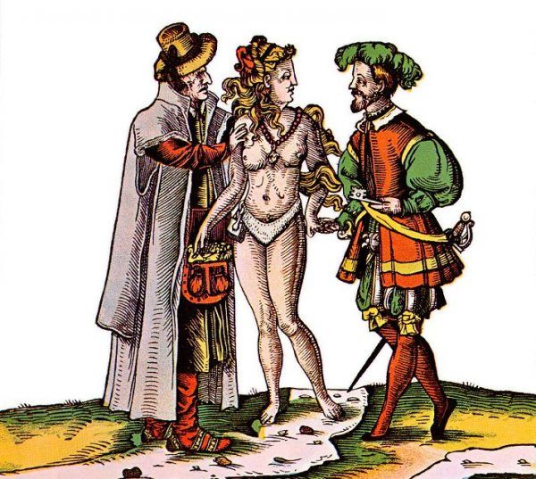 XVI-wieczny niemiecki rysunek satyryczny, przedstawiający kobietę w pasie cnoty z mężem i amantem (źródło: domena publiczna).
