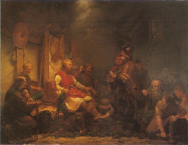 Posłaniec króla Elli przed synami Ragnara Włochate Gacie. Obraz Augusta Malmstroma (źródło: domena publiczna).