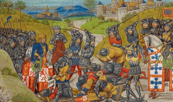 Jan Aviz został obwołany królem mimo nieślubnego pochodzenia. Musiał jednak walczyć o władzę z zięciem poprzedniego władcy, królem Kastylii Janem. Dopiero zwycięska bitwa pod Aljubarrotą w 1385 roku doprowadziła do uznania Aviza za króla przez inne państwa. Miniatura z „Kronik Anglii” Jeana d’Wavrina z ok. 1480 roku (źródło: domena publiczna).