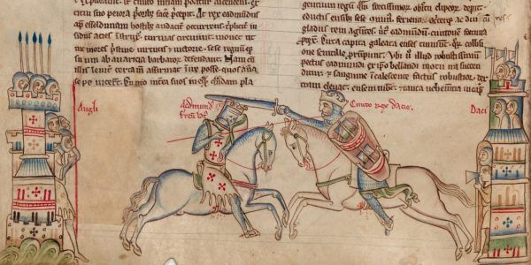 Kanut Wielki (po prawej) podczas pojedynku z angielskim królem Edmundem II Żelaznobokim (źródło: domena publiczna).