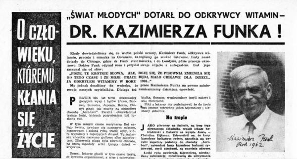 „Świat Młodych” z 1962 roku pisał o odkrywcy witamin Kazimierzu Funku. Zdjęcie oraz podpis z książki Marka Boruckiego „Wielcy zapomniani. Polacy, którzy zmienili świat”.