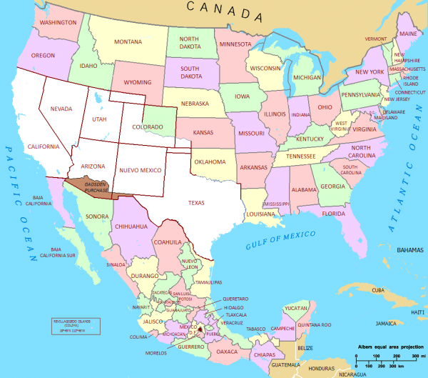 Tetytoria utracone przez Meksyk na rzecz USA w czasie rządów Santa Anny (zaznaczone na biało) (il. domena publiczna).