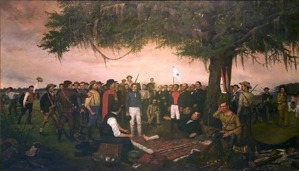 Antonio López de Santa Anna poddaje się Amerykanom po bitwie pod San Jacinto (obraz Williama Huddle’a, doemna publiczna).