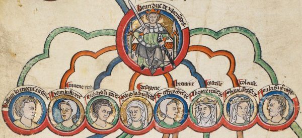 Choć Henryk II starał się zapewnić swym bastardom dobrobyt, nie było dla nich miejsca w oficjalnym drzewie rodzinnym. Na miniaturze z przełomu XIII i XIV wieku król Anglii i ósemka jego ślubnych dzieci (źródło: domena publiczna).