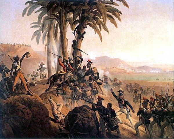 Haitańczycy nie szczędzili starań, by uwolnić swoją wyspę od francuskich okupantów... Obraz Januarego Suchodolskiego (źródło: domena publiczna).