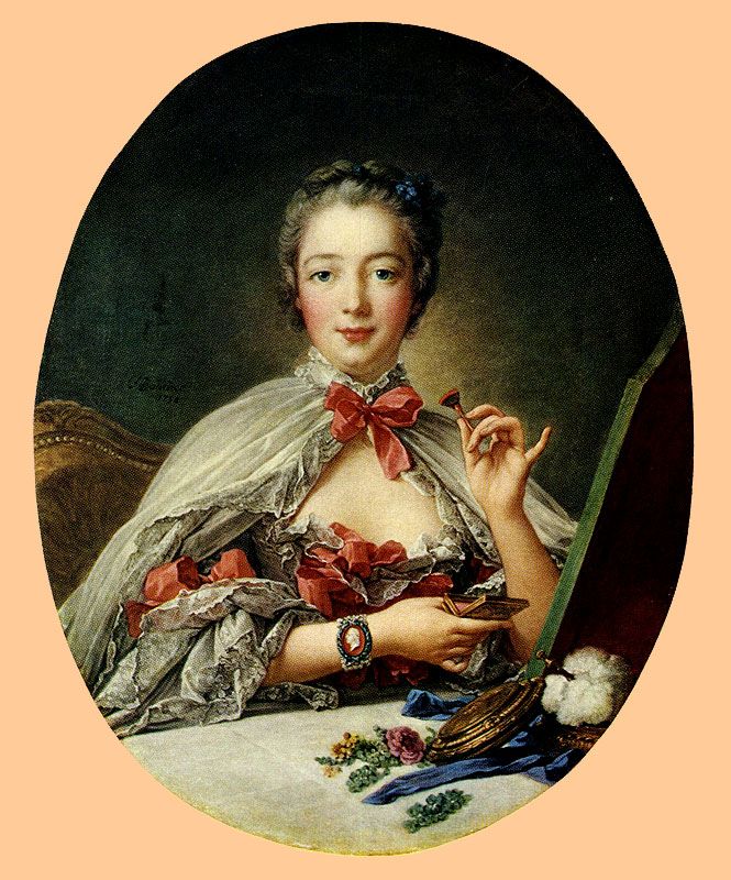W nieco późniejszych czasach polskie elegantki wzorowały się na Madame de Pompadour, Obraz Françoisa Bouchera z 1758 roku (źródło: domena publiczna).