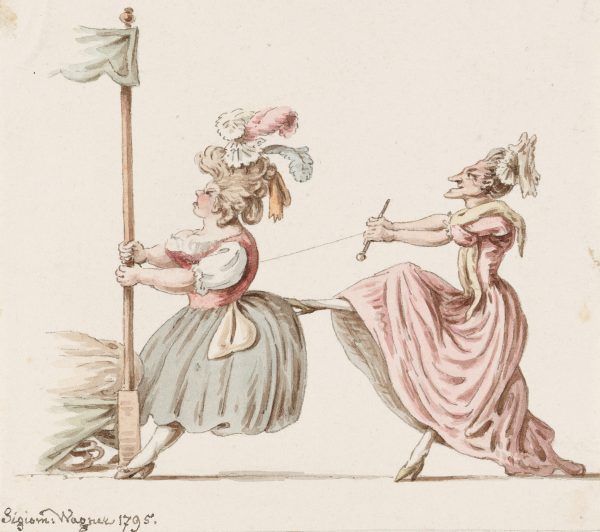 Karykatura przedstawiająca zawiązywanie gorsetu. Akwarela Zygmunta Wagnera z 1795 roku z kolekcji Szwajcarskiej Biblioteki Narodowej (źródło: domena publiczna).