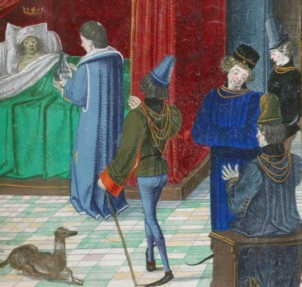 Król Francji Karol VI ubzdurał sobie, że jest ze szkła. Medycy starali się przeciwdziałać chorobie władcy. Nadaremno. Miniatura z "Kronik" Jeana Froissarta z ok. 1470 roku (źródło: domena publiczna).