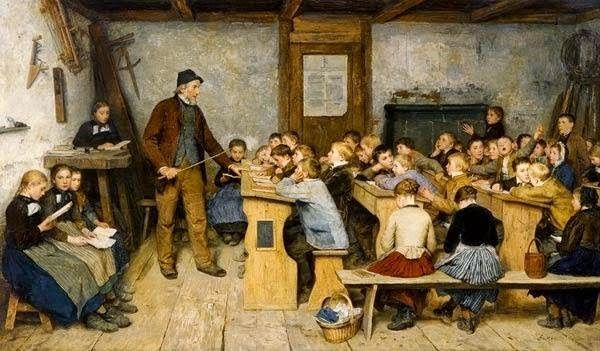 Przepełnione, nieogrzewane klasy, nierzadko z grzybem i karaluchami - takie były warunki pracy XIX-wiecznego nauczyciela (źródło: domena publiczna).