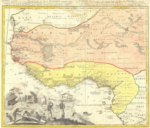 Na XVIII - wiecznej mapie Homanna Heirsa pokazano Zatokę Niewolników - wybrzeże Zachodniej Afryki, obecnie tereny Nigerii, Beninu. To stąd biegły główne szlaki handlowe do Ameryki (źródło: domena publiczna).