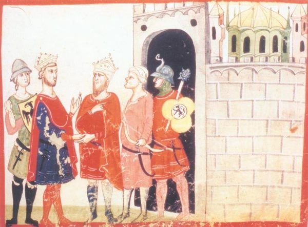 Fryderyk II odzyskał Jerozolimę drogą układów, a nie zbrojnej konfrontacji. I właśnie dlatego został ekskomunikowany. I to nie ostatni raz... Cesarz podczas rozmów z sułtanem al-Kamilem (źródło: domena publiczna).