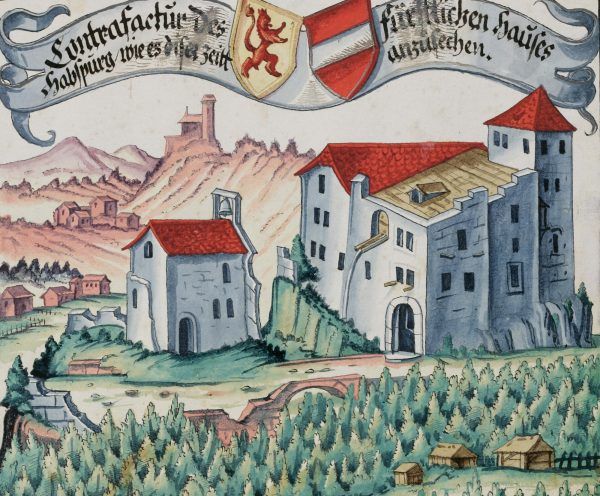 Pierwsze znane realistyczne przedstawienie zamku Habsburg na ilustracji Hansa Ulricha Fischa z 1634 roku (źródło: domena publiczna).