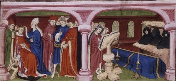 Po siedmiu miesiącach małżeństwa przemęczony Filip VI opuścił ten padół łez, pozostawiając Blankę wdową na prawie pół wieku... Na miniaturze koronacja Jana II Dobrego i pogrzeb Filipa VI (źródło: domena publiczna).