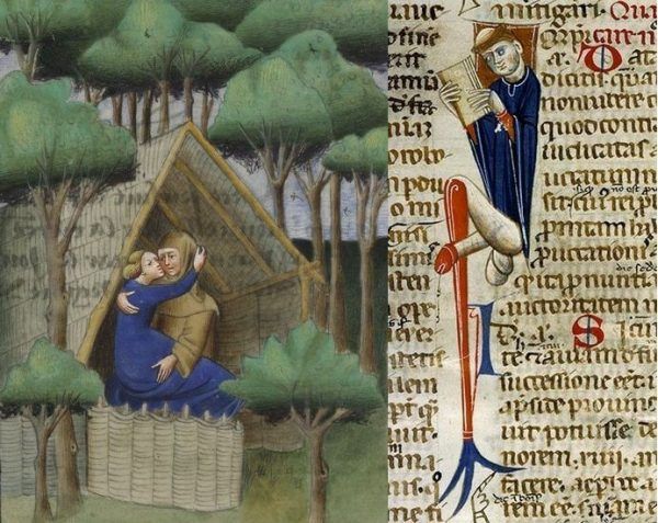 Nikogo nie dziwiło, gdy duchowni nurzali się w rozpuście. Po lewej ilustracja z Dekameronu z lat 30. XV wieku, należącego do hrabiego Karola de Croy-Chimay, po prawej iluminacja manuskryptu z 1440 roku (źródło: domena publiczna).